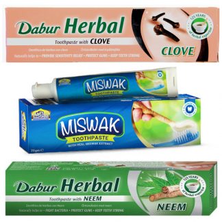 Darbur Herbal Clove toothpaste Darbur Herbal Neem toothpaste Al Khair Miswak toothpaste