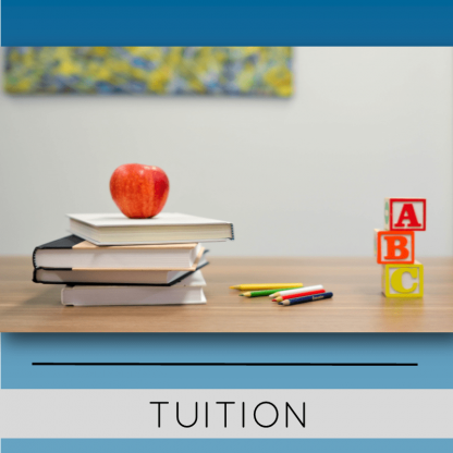 Tuition image with an apple on books and some colouring pencils on a table